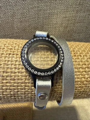 Origami Owl Silver Leather Wrap Bracelet ~ Clear Crystal Black Locket ~ New - Image 1 of 2