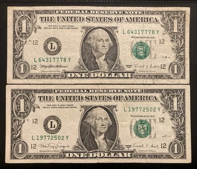 Pair Of Rare $1 Bill Y Run Fancy Serial Number. Series 1988/95 And Same district - Image 1 of 4