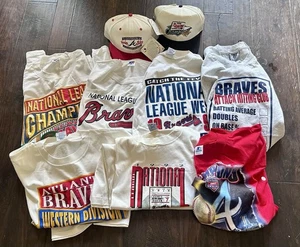 1991,92,95,96,97 Atlanta Braves Locker Room Celebration T-Shirts & Hats Lot (10) - Picture 1 of 17