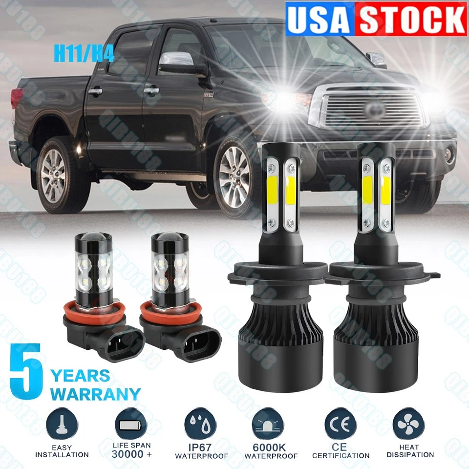 4pcs LED Headlight High/Low + Fog Bulbs For Toyota Tundra 2014-2020 White - Image 1 of 4