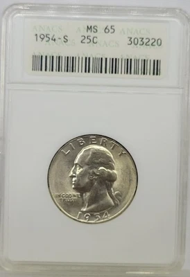 1954-S  25C Washington Quarter Dollar Anacs SOAPBOX MS65 - Image 1 of 2