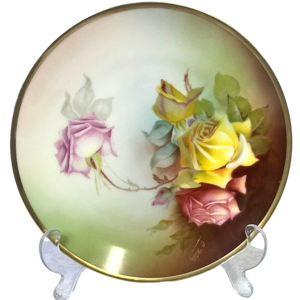 Placa de 8,5" firmada pintada a mano Thomas Sevres Baviera 'Marechal Neil Rose' Foto 1 de 4