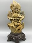 Carved 11.5” CHINESE Asian SOAPSTONE SCULPTURE Green Brown BIRD & Lotus Floral