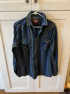 Vtg 90s Wrangler Mens Large Destroyed Stripe Flannel Western Rodeo Button Shirt - Picture 1 of 6