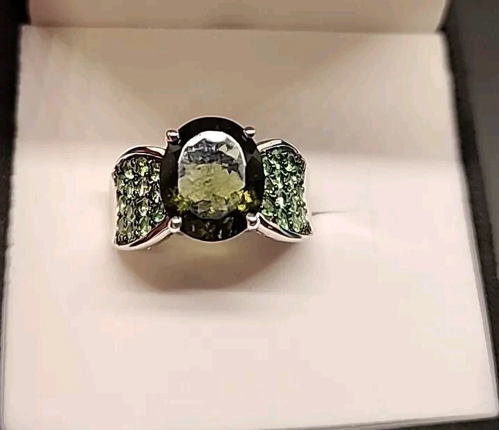 Green Moldavite Rhodium Over Sterling Silver Ring 3.80ctw Size 9 NEW JTV - Image 1 of 4