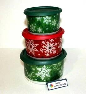 Juego de 3 botes cortos Tupperware de un solo toque (A B C) copo de nieve Navidad plateado - Imagen 1 de 3