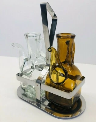Amber And Clear Glass Oil & Vinegar Cruet Set With Chrome Caddy - Image 1 of 4