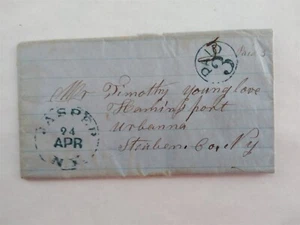 NY: Jasper 1855 Stampless Cover, Blue CDS & Circled PAID 3, Troupsburg Letter - Picture 1 of 6