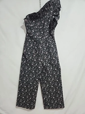 Rebecca Taylor Jumpsuit Size 6 Black Floral One Shoulder Ruffles Wide Leg - image 1 of 4