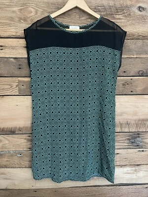 Sleeveless Sheer Black Yoke Blouse Sz S Green Geometric Print Top Mod Retro Chic - Image 1 of 4