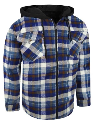 绗缝连帽法兰绒厚夹克拉链男式格子衬衫 4 口袋连帽 — 第 1/4 张图片