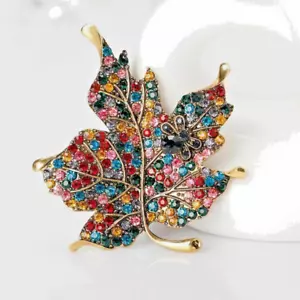 Leaf Maple Fall Colorful Crystal Rhinestone Brooch Pin with Gold Bag - VIDEO - Picture 1 of 5