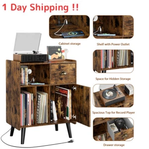 w/ USB Port & Power Outlet Vinyl Record Player Stand Turntable Album Cabinet US - Picture 1 of 20