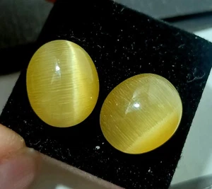 11.5 Ct NATURAL Loose BRAZILIAN Yellow Cat Eye Cabochon Certified GEMSTONE Pair2 - Picture 1 of 9