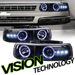 Black Halo Rims LED Projector Headlights K2 For 99-06 Silverado/Suburban/Tahoe - Picture 1 of 2