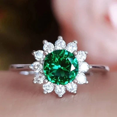 4Ct Round Cut Natural Emerald &Diamond Engagement Ring Solid 14k White Gold Ring - Image 1 of 4
