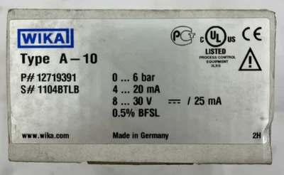 WIKA A-10 Pressure Transmitter 0–6 Bar 4–20mA 8–30VDC 0.5% BFSL New In Box - Image 1 of 4