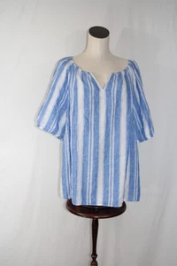 Talbots Women's Blue White Stripes Pattern 100% Linen Short Sleeve Blouse 1X - Picture 1 of 10