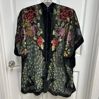 Wehello Black Velvet Burnout Kimono Multicolor Peacock Floral Embroidery Sheer - Image 1 of 4