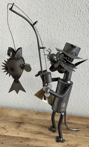 Large Folk Art Scrap Iron Cat Fisherman Hand Made Welded Sculpture Yardbirds - Picture 1 of 18