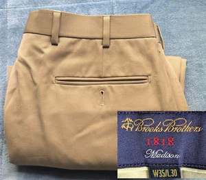 100% Wool Brooks Brothers 1818 Men 35x30 Madison Beige Dress Pants Flat Front - Picture 1 of 18