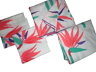 VINTAGE MARTEX BIRD OF PARADISE RED TEAL GREEN WHITE  FLORAL (4P) FULL SHEET SET - Image 1 of 4
