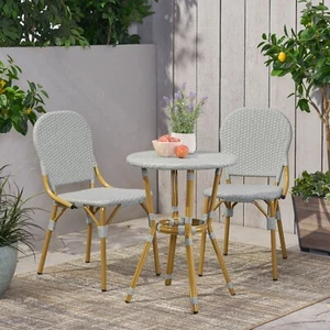 Gallia Outdoor Aluminum French Bistro Set, Gray and Bamboo Finish - Picture 1 of 14