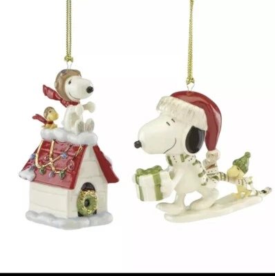 Lenox Peanuts Christmas Ornaments Lot Of 2 Snoopy Flying Ace/Holiday Gift