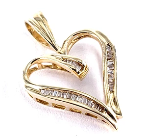 14K Yellow Gold 1/4CT Baguette Diamond Heart Pendant Love Womens Valentine Amore - Picture 1 of 8