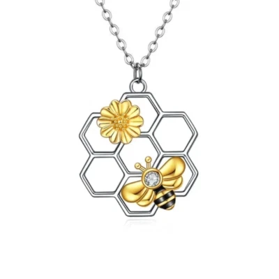 Damen Halskette Biene Zellen Sonnenblume elegante Halskette versilberte Kette - Bild 1 von 4