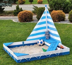 Sandkasten Boot Schiff aus Holz mit Sitzbank groß Sandbox Segel Weiß und Blau - Bild 1 von 5
