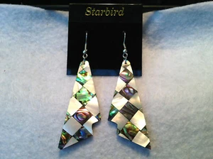  MOTHER OF PEARL AND ABALONE SHELL INLAY DANGLE EARRINGS 80'S VIN  - Picture 1 of 3