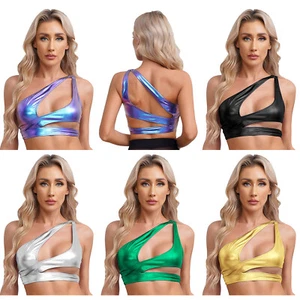 Sexy Women One Shoulder Sleeveless Shiny Crop Top Cut Out Slim Fit Club Tank Top - Picture 1 of 57