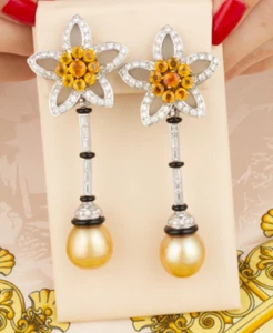 Beautiful Yellow Citrine, Lab-Created Diamonds & Golden Pearls Flower Earrings - Picture 1 of 6
