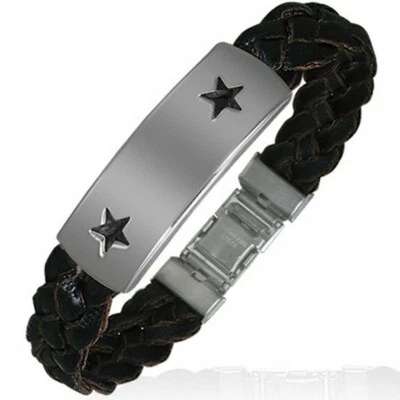 Pulsera Unisex Cuero Marrón Oscuro Acero Inoxidable Tono Plata Estrellas Foto 1 de 2