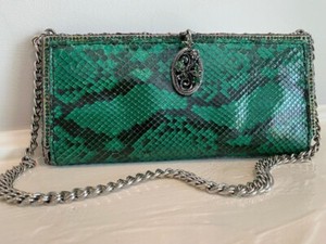 Clara Kasavina Handmade Python Metal Rhinestone Embellished Clutch- Green - New