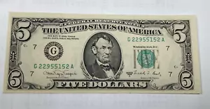 1988A US $5 Federal Reserve Banknote AU Nice G22955152A serial number off center - Picture 1 of 6