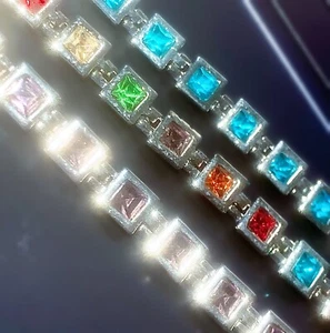 Rhodium Plated Silver Bracelets with Framed Princess Cut Created Gemstones Boxed - Picture 1 of 13