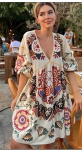 Zara Romy Embroidered Linen Blend Dress Puff Sleeves Women Small - Picture 1 of 11