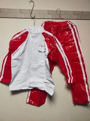 Red and white stripe jacket and black pants PVC rainsuits set tracksuit hood - Image 1 of 4