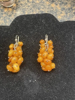 Vintage large sterling Silver 925 Natural Egg Yolk Amber Cluster Earrings - Image 1 of 4