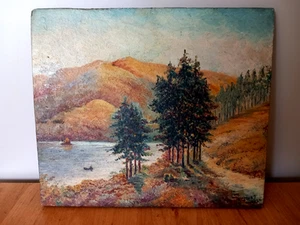 Original oil painting on wood signed A Young 1924 Highland scene 28.5 x 24.5cm - Picture 1 of 4