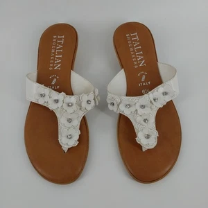 Italian Shoemakers White Floral T-Strap Sandals Wedge Heel Italy Women Size 6.5 - Picture 1 of 7
