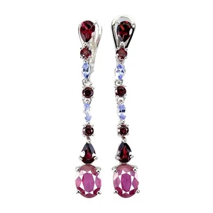 925 Sterling Silver Oval Earrings with 9x7mm Ruby and Tanzanite Natural... - Picture 1 of 14