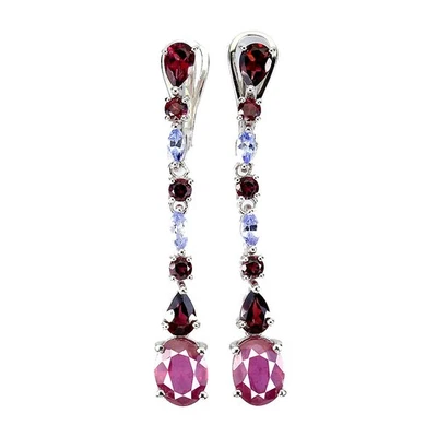 925 Sterling Silver Oval Earrings with 9x7mm Ruby and Tanzanite Natural... - Image 1 of 4