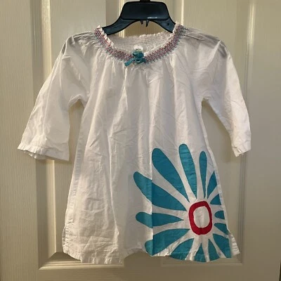 Mini Boden Floral Applique Tunic Dress Swim Cover Up Smocked Neck Girls Size 5-6 - Image 1 of 4