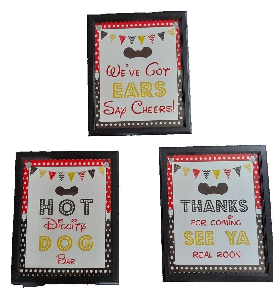 Disney Mickey Mouse Theme Set of 3 Framed Party Signs 11" X 9" - Image 1 of 4