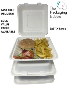 Bagasse Extra Large Takeaway Box Compostable Biodegradable Plastic Free 9x9" XL - Picture 1 of 17