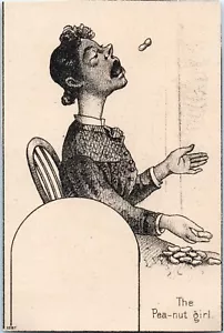 Caricature Drawing of Woman eating Peanuts "The Pea-Nut Girl" Stock Trade Card - Picture 1 of 2