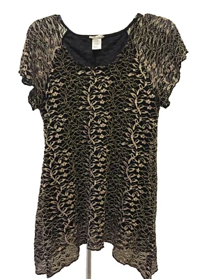 Blusa pulôver de renda preta e dourada Brittany, tamanho pequeno, lados assimétricos - Imagem 1 de 3